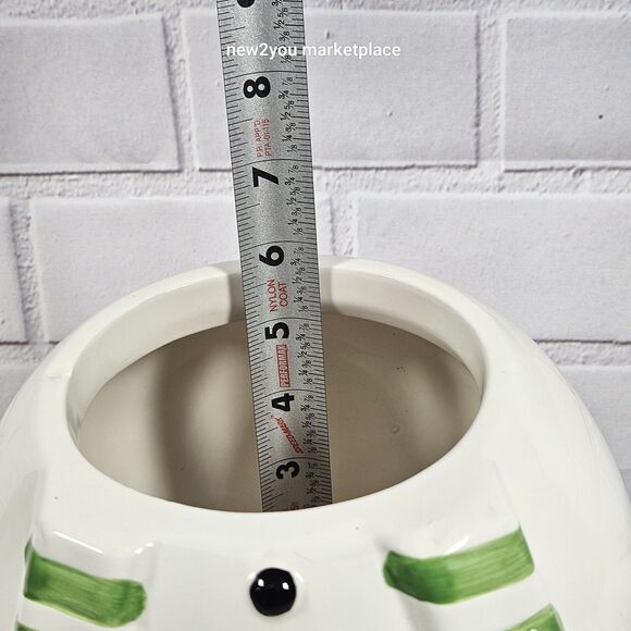 Snowman Cookie Jar Green and White w/Snowflake Scarf With Rubber Stopper 11"X6W. - Picture 9 of 13